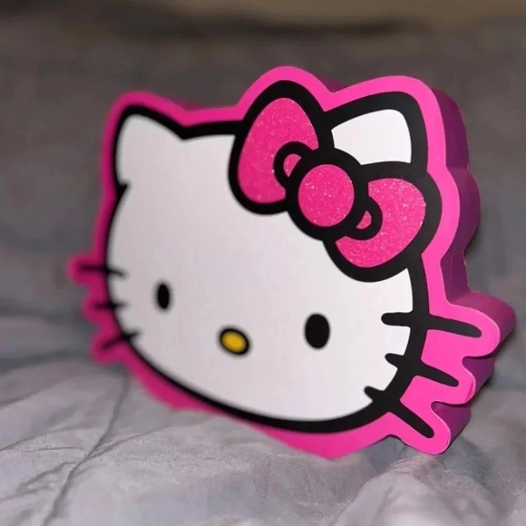 New Hello Kitty Face With Pink Glitter Bow Die Cut Wooden Wood Sign By Sanrio - Picture 2 of 3